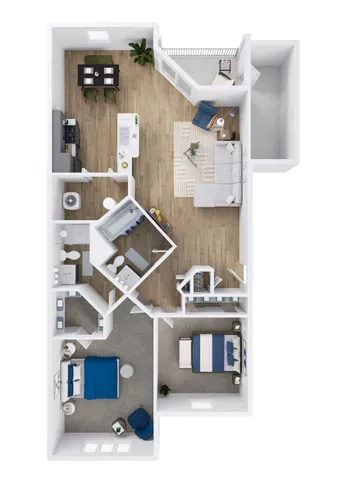Modern 3D floor plan featuring a bright open living area, stylish kitchen with island, two cozy bedrooms, and two sleek bathrooms, ideal for contemporary urban living.