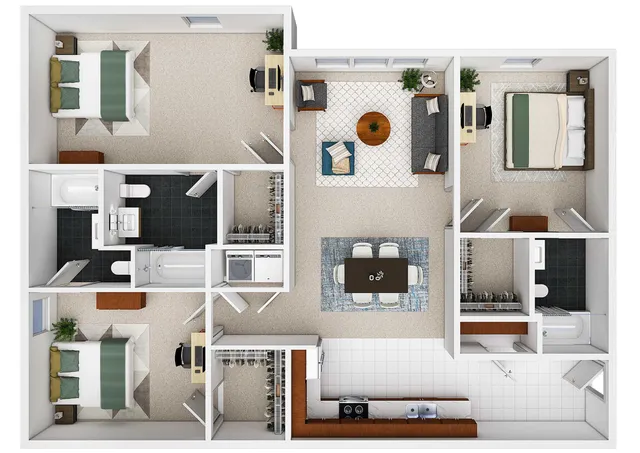 Contemporary 3D floor plan featuring two spacious bedrooms, two modern bathrooms, an open-concept living and dining area, and a sleek kitchen with ample counter space.