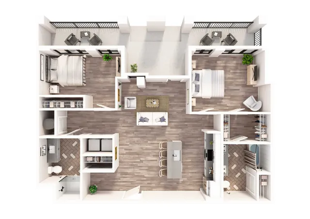 Elegant 3D floor plan showcasing two bedrooms with private balconies, an open-concept living area, and a modern kitchen with island seating.