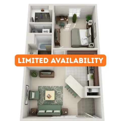 Chic floor plan displaying one-bedroom apartment with open living and dining area, modern kitchen, and cozy workspace. Limited availability.