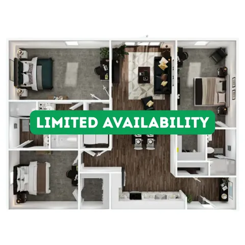 Stylish 3D floor plan showcasing 3 bedrooms, a modern kitchen, spacious living area, and sleek bathrooms, highlighting limited availability.