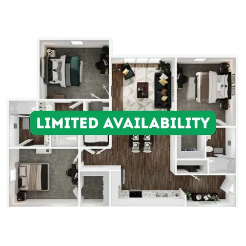Modern floor plan with 3 bedrooms, stylish open kitchen, and spacious living and dining area, featuring elegant wood flooring. Limited availability.