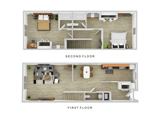 Charming 3D floor plan showcasing a two-story apartment with 2 bedrooms, a stylish living area, and a modern kitchen.