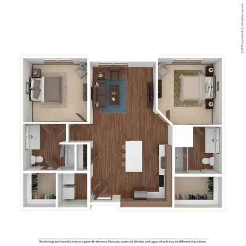 Modern floor plan showcasing 2 spacious bedrooms, an inviting open-concept living room, sleek kitchen with island, and 2 stylish bathrooms.
