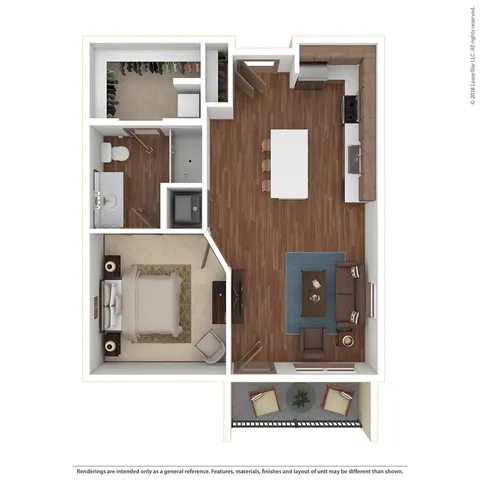 Charming 3D apartment floor plan featuring a spacious bedroom, modern kitchen with island, cozy living room, elegant bathroom, and private balcony.