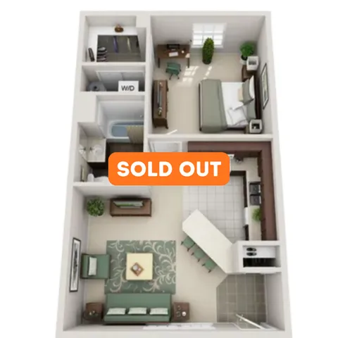 Modern 3D apartment floor plan showcasing a spacious one-bedroom layout with an elegant open kitchen, cozy living room, and a chic office space. Perfect blend of style and functionality.