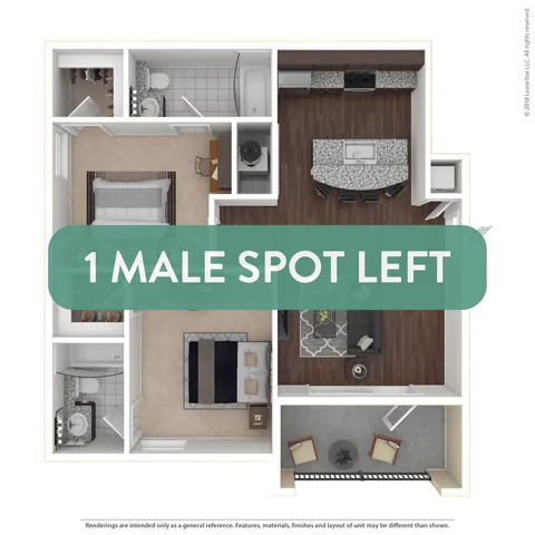 Modern 3D floor plan showcasing 1 bedroom, elegantly designed living room, contemporary kitchen, and inviting balcony. Perfect for comfortable living.