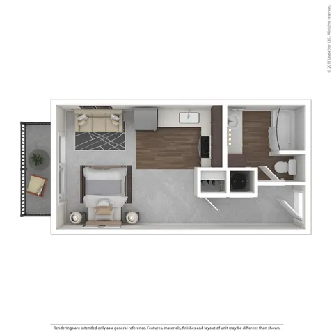 Modern floor plan showcasing a stylish studio layout with a cozy living area, compact kitchen, and a sleek bathroom, complete with a private balcony for relaxation.