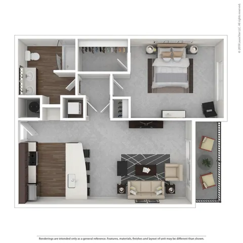 Modern open-concept 2D floor plan featuring a luxurious bedroom, elegant bathroom, and spacious living area with sleek kitchen design and stylish furnishings.