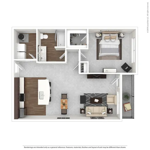 Modern 2D floor plan featuring an elegant bedroom, spacious open-concept living and dining area, sleek kitchen with island, and contemporary bathroom.