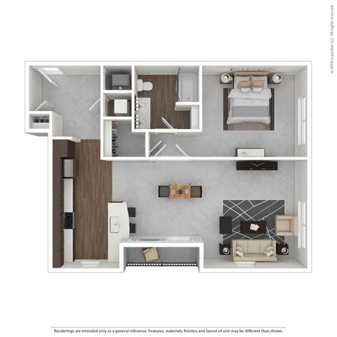 Elegant floor plan showcasing a spacious 1-bedroom apartment with a modern open kitchen, stylish living area, and a luxurious bathroom.