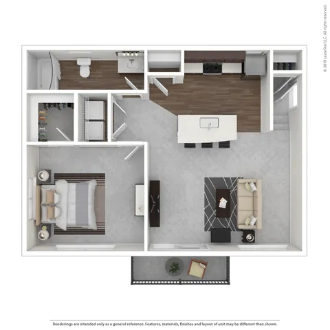 Modern 1-bedroom apartment floor plan featuring an open-concept kitchen and living area, cozy bedroom with ample closet space, stylish bathroom, and a private balcony.
