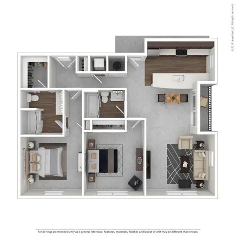 Modern 3D floor plan showcasing a spacious 2-bedroom apartment with an open kitchen, stylish living area, and elegant bathrooms.