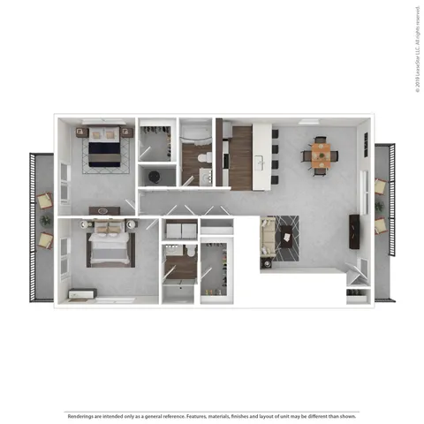 Elegant 2D floor plan featuring 2 spacious bedrooms, 2 modern bathrooms, an open kitchen with an island, and a cozy living area with balcony access.