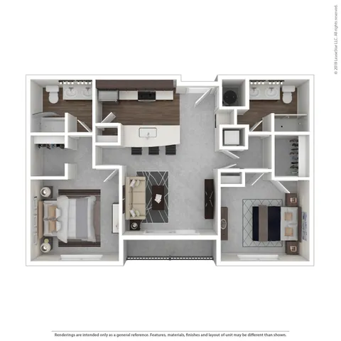 Modern and inviting 2D floor plan featuring two bedrooms, a spacious living area, and a sleek kitchen with island seating.