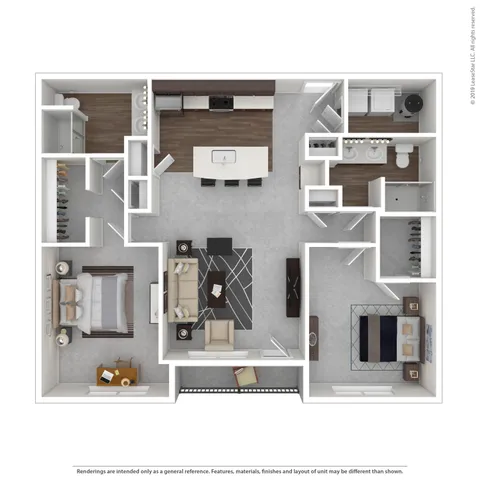 Modern 3D floor plan featuring 2 stylish bedrooms, a cozy living room, chic kitchen with island, and elegant bathroom design.