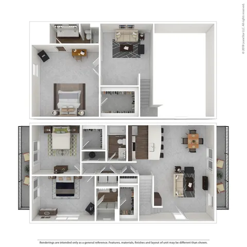 Elegant 3D floor plan showcasing two-story design with 2 bedrooms, stylish living area, modern kitchen, and cozy balcony.