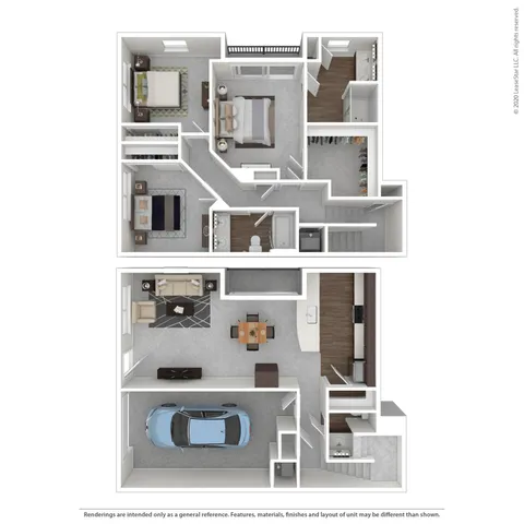 Modern floor plan showcasing a two-story layout with 2 bedrooms, a cozy living room, open kitchen, and spacious garage.