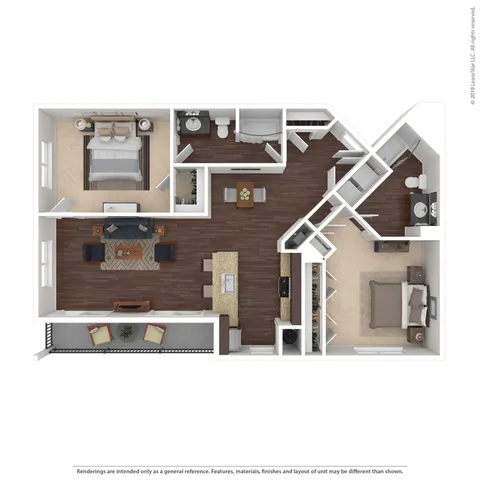 Elegant 2D floor plan featuring two spacious bedrooms, two modern bathrooms, an open living and dining area, and a contemporary kitchen with a breakfast bar.
