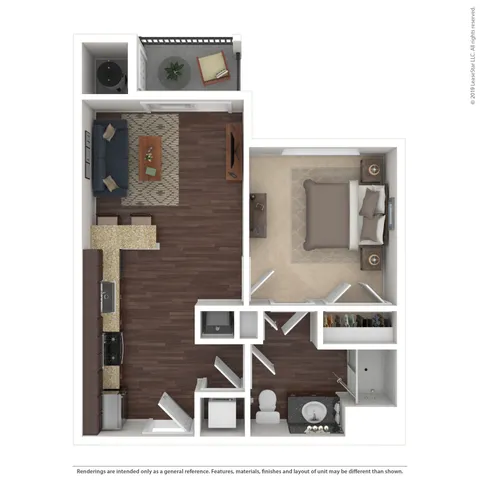 Modern 1-bedroom apartment floor plan featuring an open-concept living area, sleek kitchen, cozy bedroom, and private balcony.