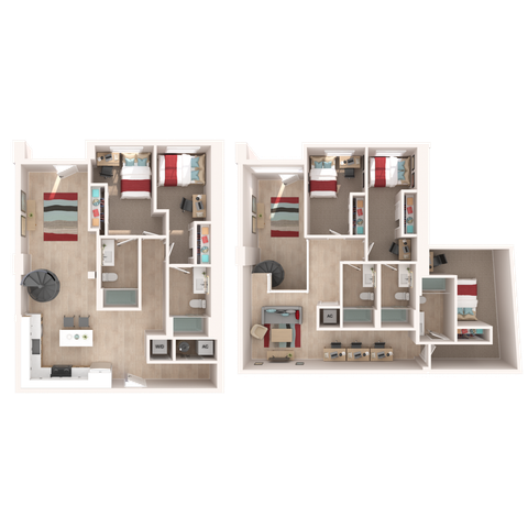 Modern 3D floor plan of a spacious two-story apartment featuring 3 bedrooms, stylish open kitchen, and cozy living area. Ideal family home layout.