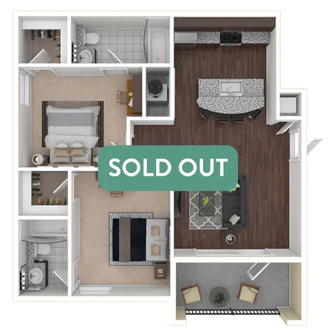 Chic 3D floor plan boasting 2 spacious bedrooms, modern open kitchen, and elegant living area; stylish design now sold out.