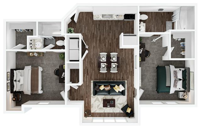 Modern floor plan showcasing 2 bedrooms, elegant living area, and chic kitchen with hardwood flooring.