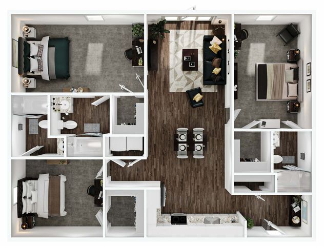 Contemporary 3-bedroom floor plan showcasing a spacious open-concept living and dining area, modern kitchen, and two luxurious bathrooms. Perfect for family living.