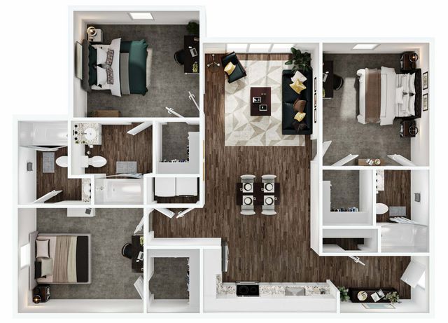 Elegant 3-bedroom apartment floor plan featuring modern open-concept living and dining areas, a sleek kitchen, and two well-appointed bathrooms.