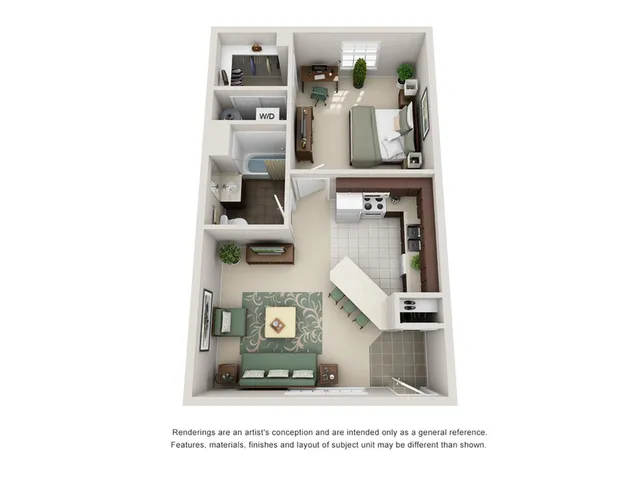 Charming 3D floor plan showcasing a cozy one-bedroom apartment with a modern kitchen, inviting living room, and stylish bathroom.