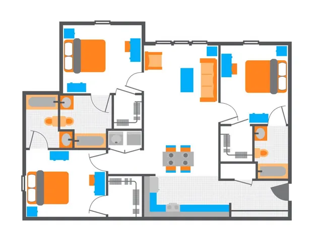 Modern floor plan showcasing 3 bedrooms, spacious open living and dining area, and two elegant bathrooms. Cozy kitchen layout for optimal convenience.