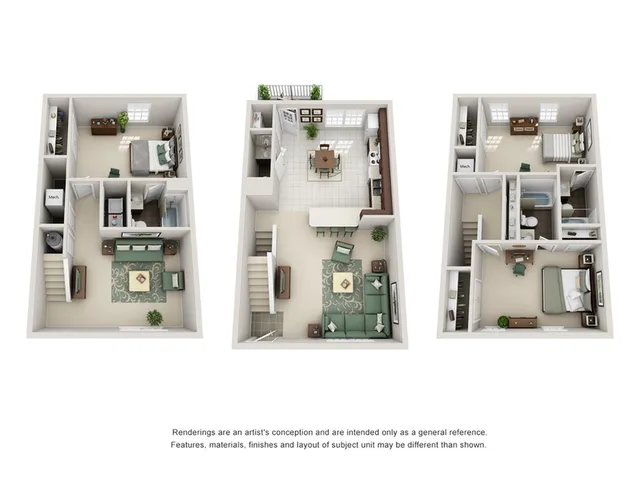 Modern 3D floor plan showcasing a stylish three-bedroom townhouse with a cozy living area, open kitchen, and well-designed bathroom layout.
