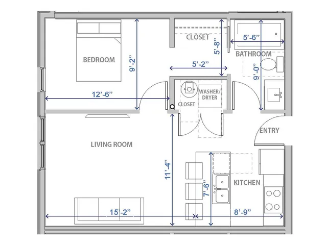 Chic one-bedroom floor plan with an expansive living room and modern kitchen in Provo, Utah.