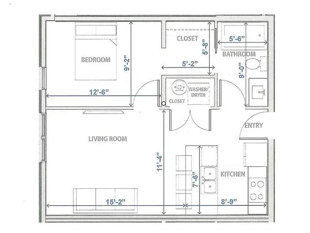 Detailed floor plan featuring 1 bedroom, a modern living area, and a functional kitchen in Provo, Utah.