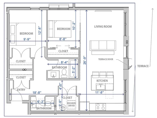 Provo Utah floor plan with 2 bedrooms, open living room, kitchen, and terrace.