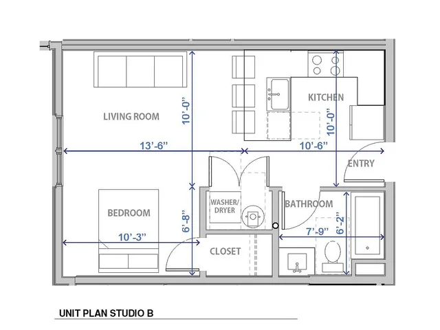 Contemporary studio apartment floor plan with open kitchen, cozy bedroom, and modern living area in Provo, Utah.