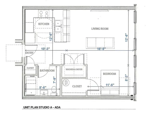 Efficient studio apartment floor plan featuring a bedroom, living room, kitchen, and bathroom with ADA accessibility.