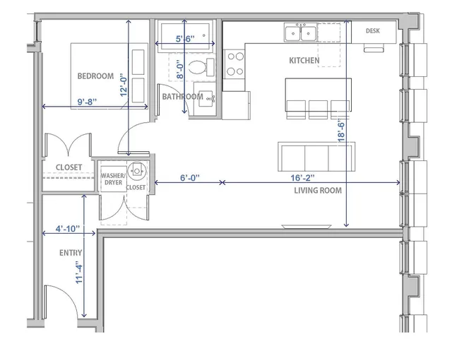 One-bedroom floor plan with a modern kitchen and spacious living room at 63 East Center Street, Provo, Utah.