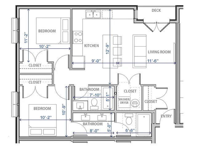 Elegant 2D floor plan of a modern Provo apartment featuring 2 bedrooms, a kitchen, and a living area with a deck.
