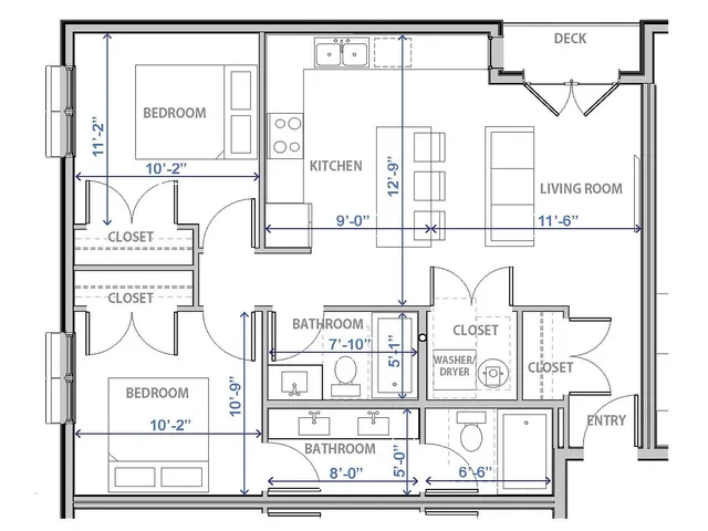 Elegant 2D floor plan showcasing 2 bedrooms, a kitchen, and an open living space with a deck in Provo, Utah.