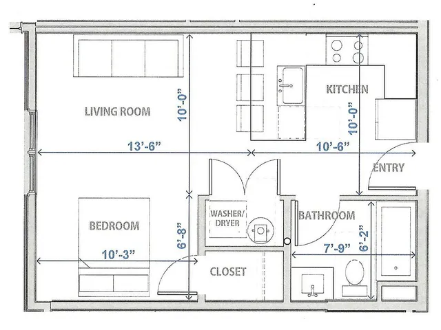 Chic studio floor plan highlighting a bedroom, living room, and modern kitchen in a compact layout.