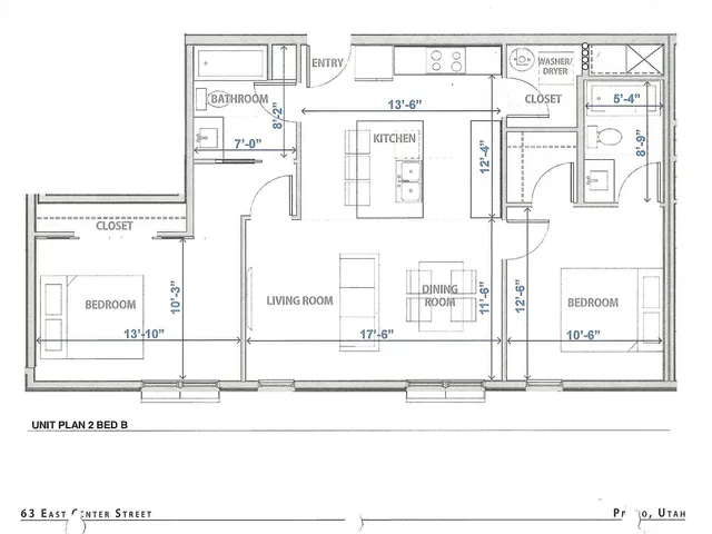 2-bedroom apartment floor plan featuring an open living room, dining area, and a modern kitchen.