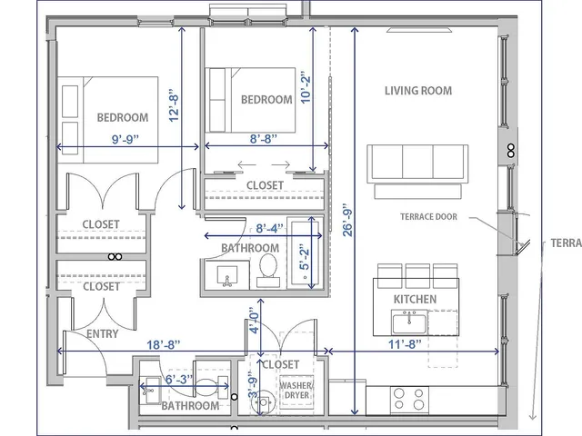 Floor plan displaying two bedrooms, bathroom, kitchen, and living room with terrace access.
