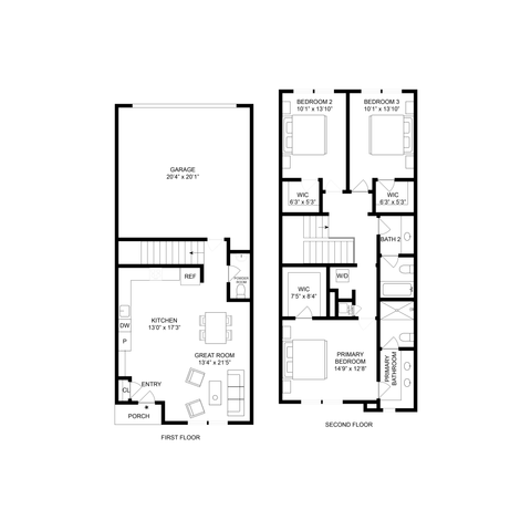 Contemporary floor plan displaying a spacious great room, modern kitchen, and 2 floors featuring 3 bedrooms including a luxurious primary suite with an en-suite bathroom.