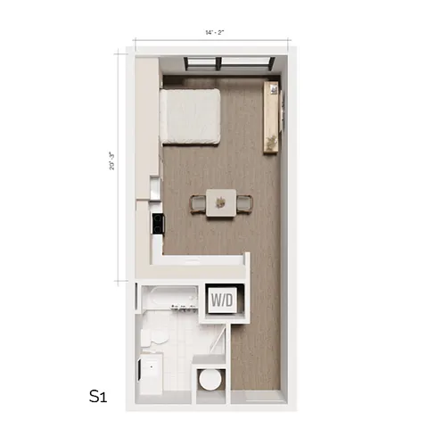 Compact and modern studio floor plan with integrated kitchen, cozy sleeping area, and convenient in-unit laundry.