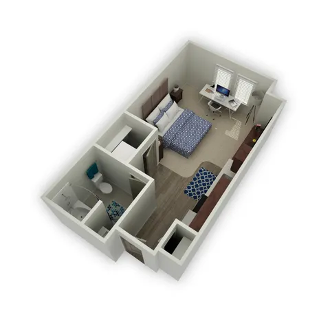 Modern 3D floor plan featuring a cozy bedroom, functional workspace, and sleek bathroom with stylish accents.