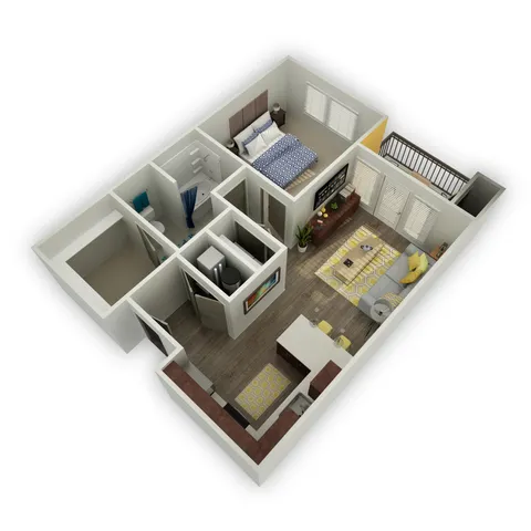 Charming 3D floor plan showcasing an elegant apartment with 1 bedroom, a modern kitchen, cozy living room, and private balcony.