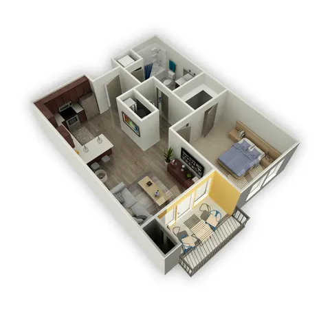Modern 3D floor plan showcasing a one-bedroom apartment with an open-concept kitchen and living area, featuring a cozy balcony and stylish interiors.