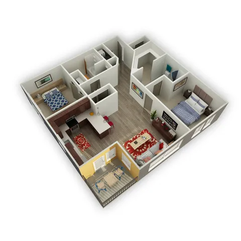 Modern 3D floor plan showcasing 2 bedrooms, a cozy living area, and a sleek kitchen with a breakfast bar, complete with a charming patio.