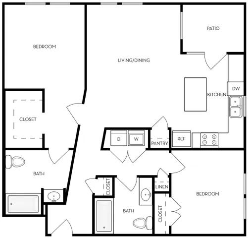 Modern floor plan with 2 bedrooms, open living/dining area, sleek kitchen, and inviting patio.